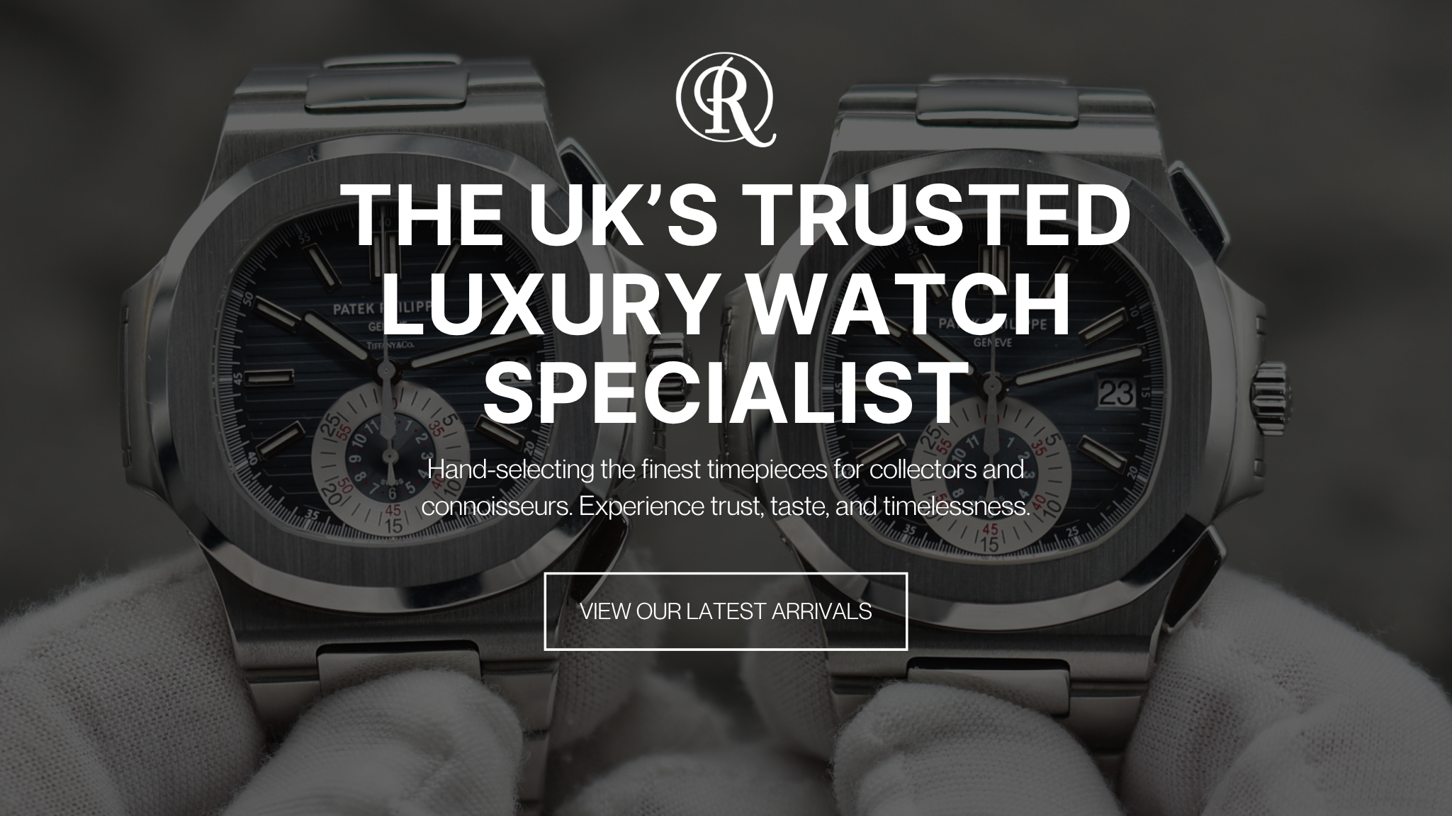 Two Patek Philippe Nautilus chronograph watches held in white gloves, showcasing Rockefellers' luxury timepiece collection. The UK’s trusted luxury watch specialist.